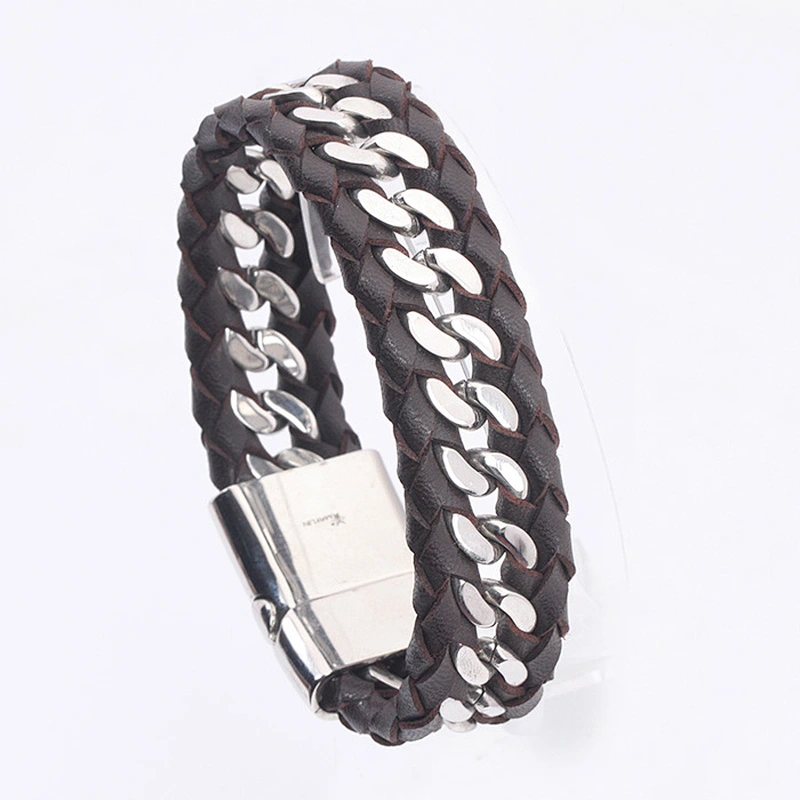 Mens Leather Bracelet Stainless Steel Clasp, Mens Bracelets Stainless Steel Leather