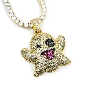 White Gold Iced Out Ghost Emoji Pendant Necklace, Men Hip Hop Jewelry