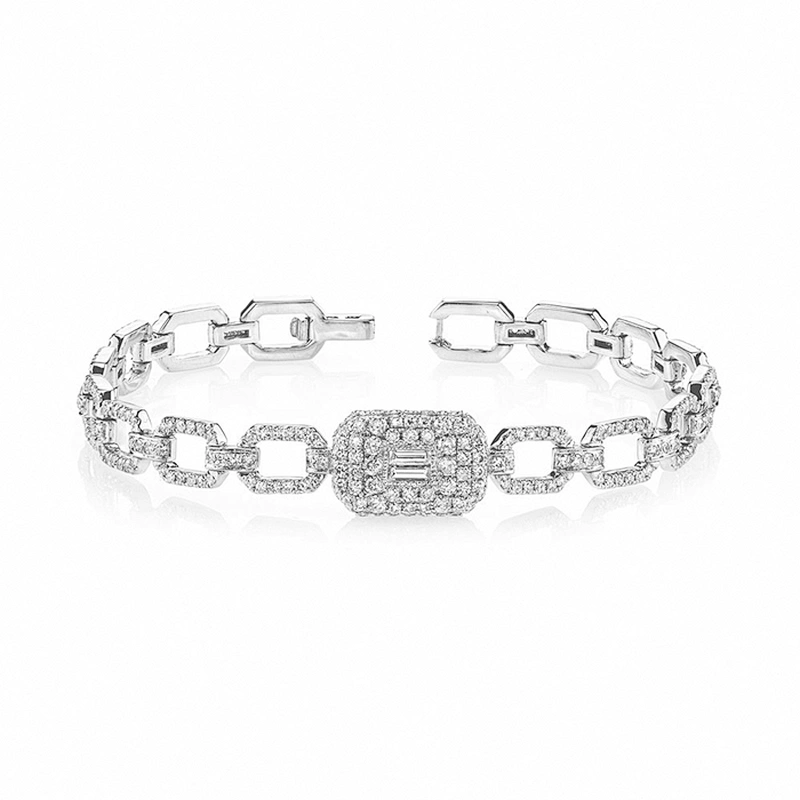Miss Jewelry Trendy 925 Sterling Silver Pave Baguette Square Link Bracelet Wholesale