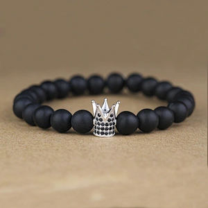 Miss Jewelry Fancy 925 Crown Charm Agate Stone Bead Bracelet Men