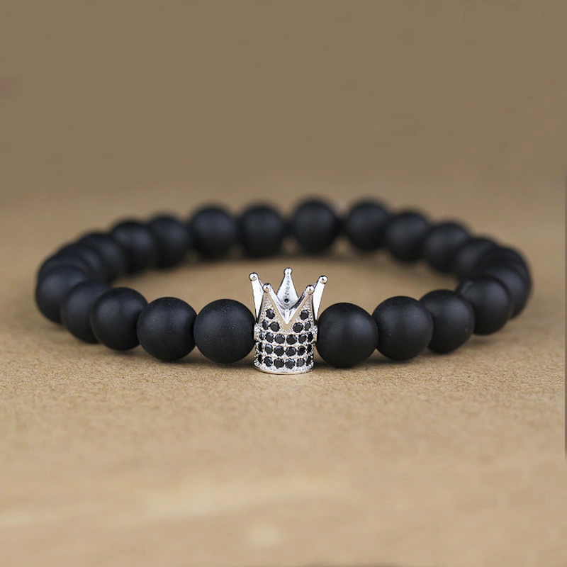 Miss Jewelry Fancy 925 Crown Charm Agate Stone Bead Bracelet Men