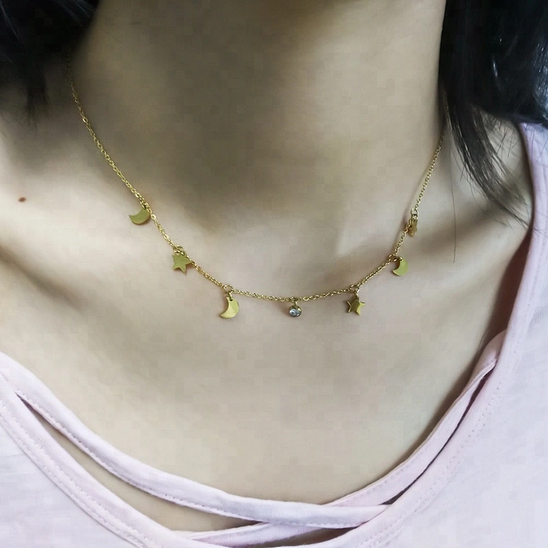 Women's  Necklace Stainless Steel Diamond Gold Plated Moon Star Drop Choker