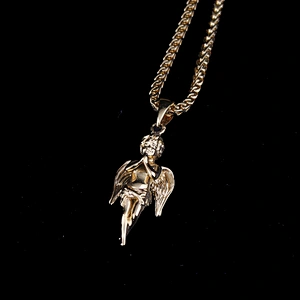 Wholesale Hip Hop Micro Pave 14k Gold Jewelry Custom Energy Angel Pendant Necklace