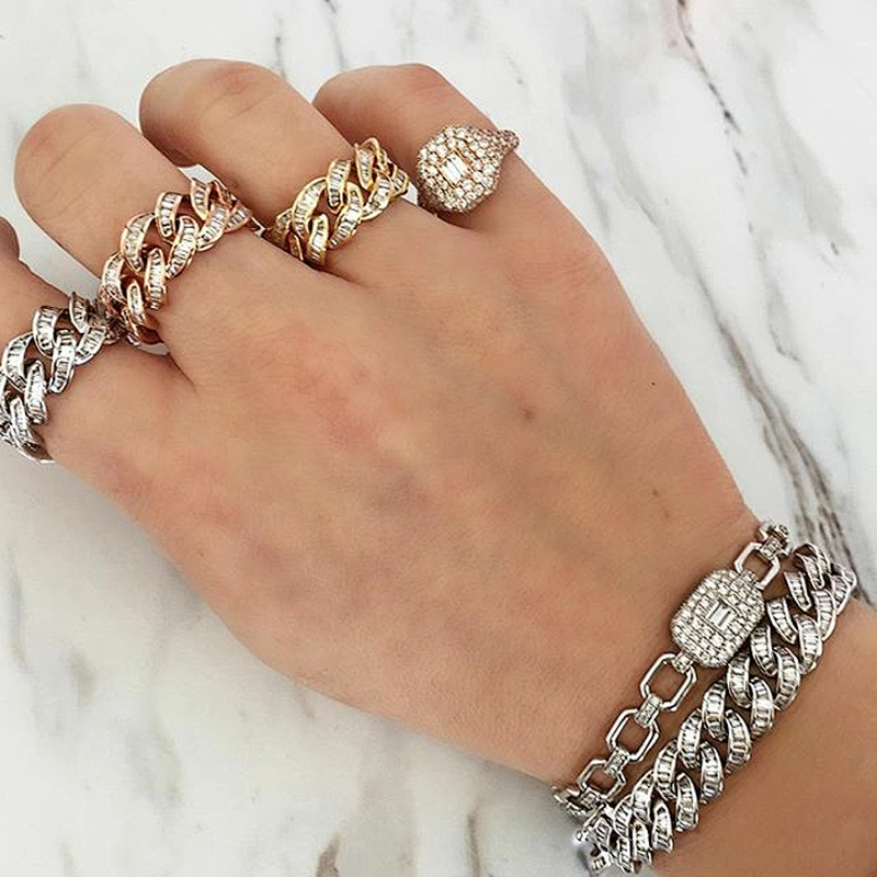 Miss Jewelry Trendy 925 Sterling Silver Pave Baguette Square Link Bracelet Wholesale