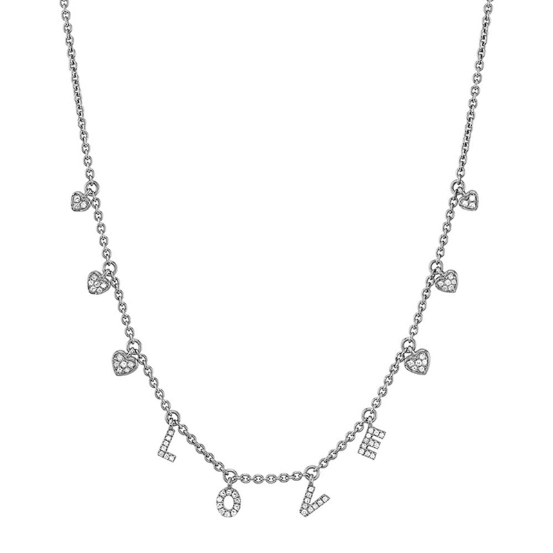 Miss Jewelry 18K Gold White Diamonds Love Dangle Drop Heart Necklace