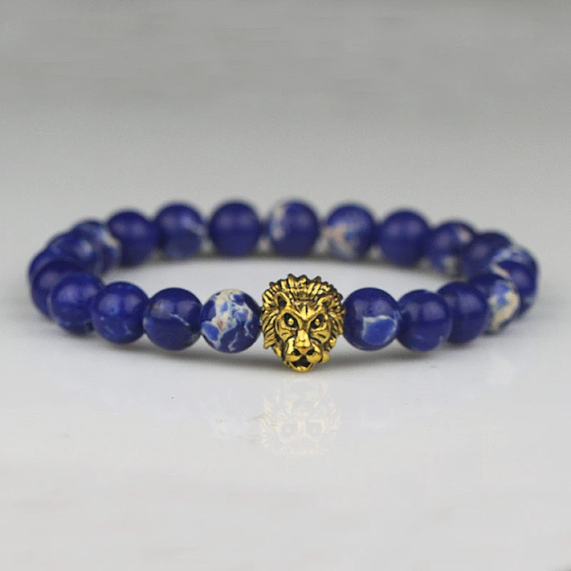 Lion charm natural stone bead bracelet men jewelry bracelet