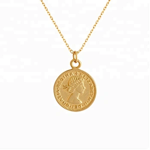 Miss Jewelry Simple Stainless Steel Elizabeth Round Pendant Jewelry Gold Coin Pendant Necklace