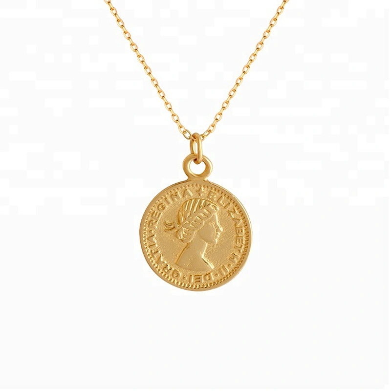 Miss Jewelry Simple Stainless Steel Elizabeth Round Pendant Jewelry Gold Coin Pendant Necklace