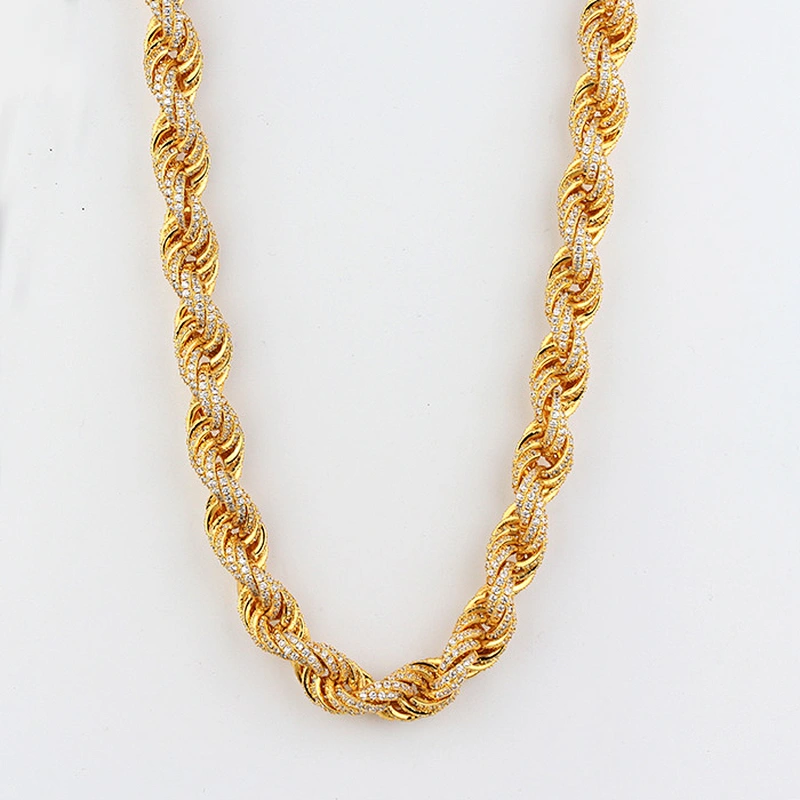 12mm Hip Hop Men 18k Gold Plated AAA CZ Rope Chain