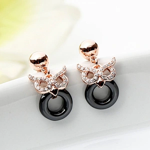Miss Jewelry CZ micro paved Owl post black ceramic earrings