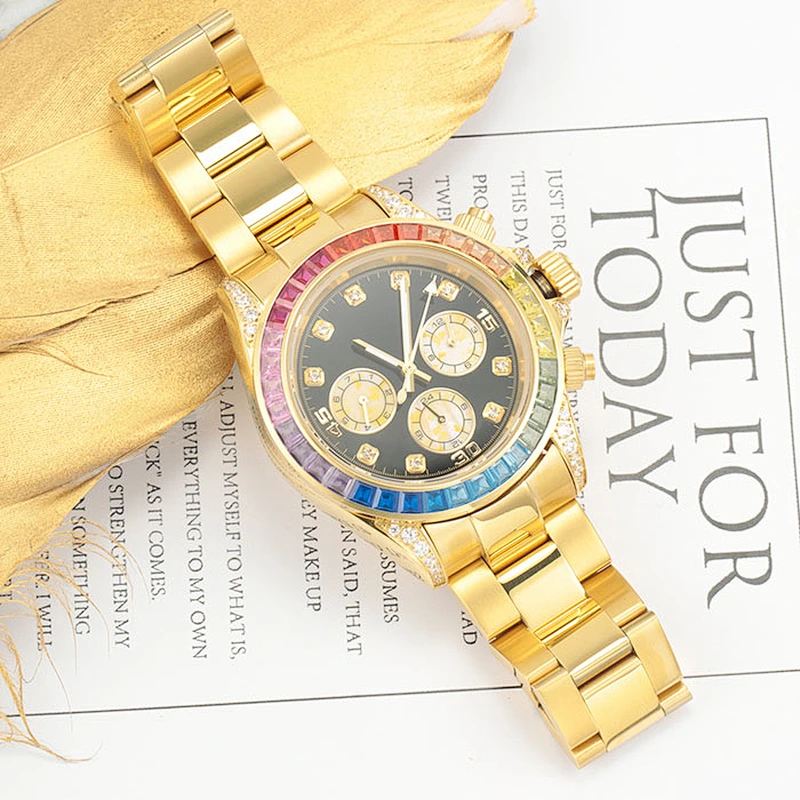 Luxury Yellow Gold Watch Mens Wrist Watches Rainbow Diamond Watch