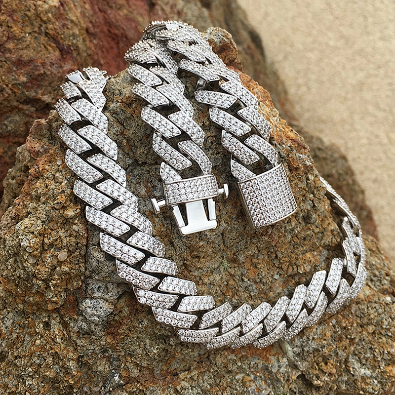 High Quality Iced Out Hip Hop Cuban Link Chain, 18k White Gold Cuban Prong Chain