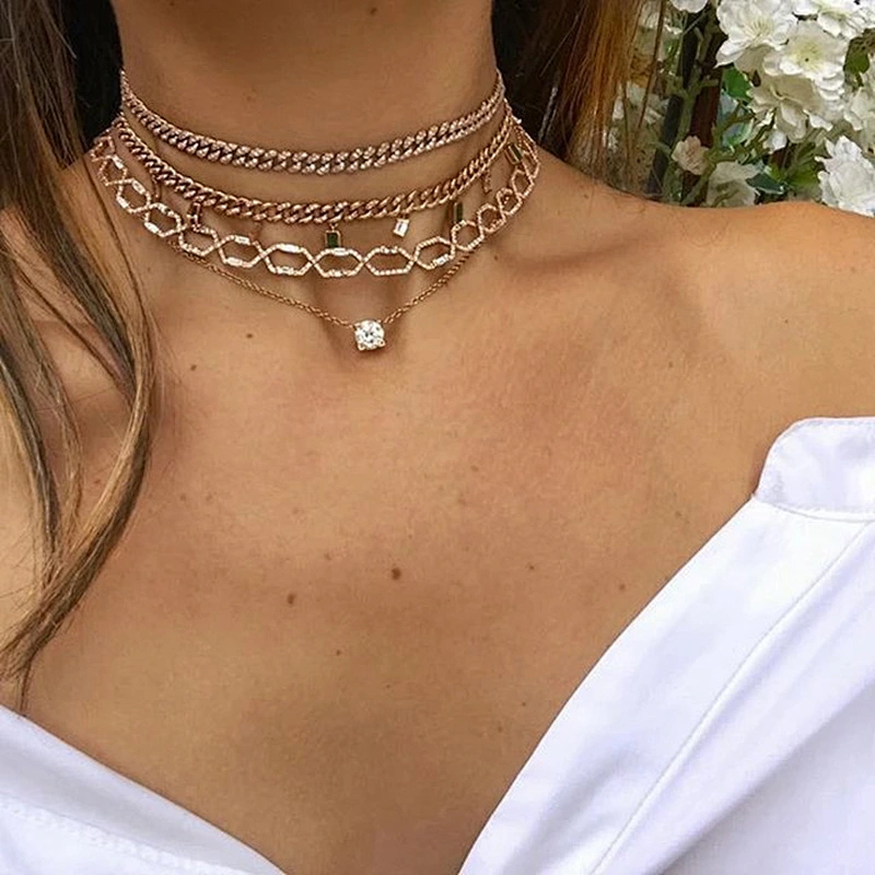 White gold plated gemstone & diamond baguette drop womens cuban choker necklace