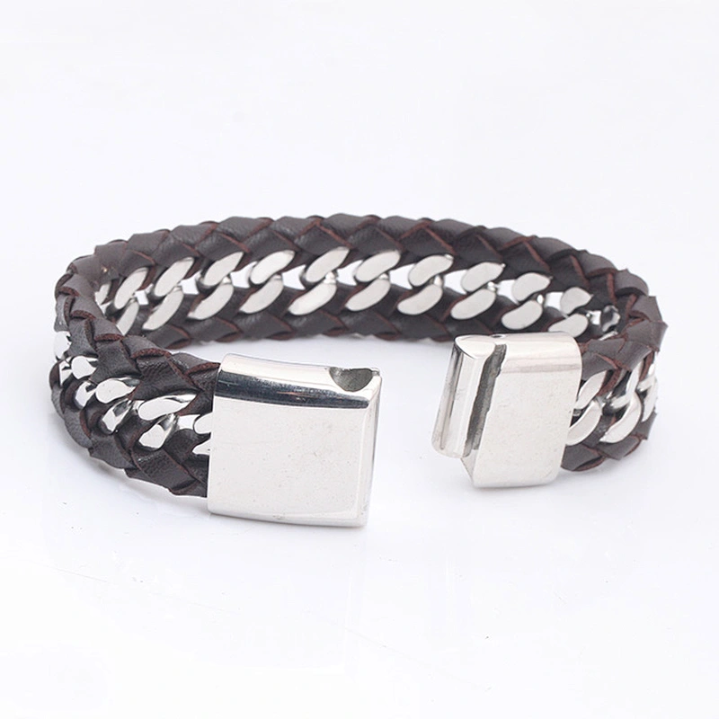 Mens Leather Bracelet Stainless Steel Clasp, Mens Bracelets Stainless Steel Leather