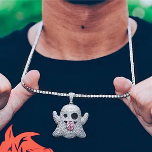 White Gold Iced Out Ghost Emoji Pendant Necklace, Men Hip Hop Jewelry