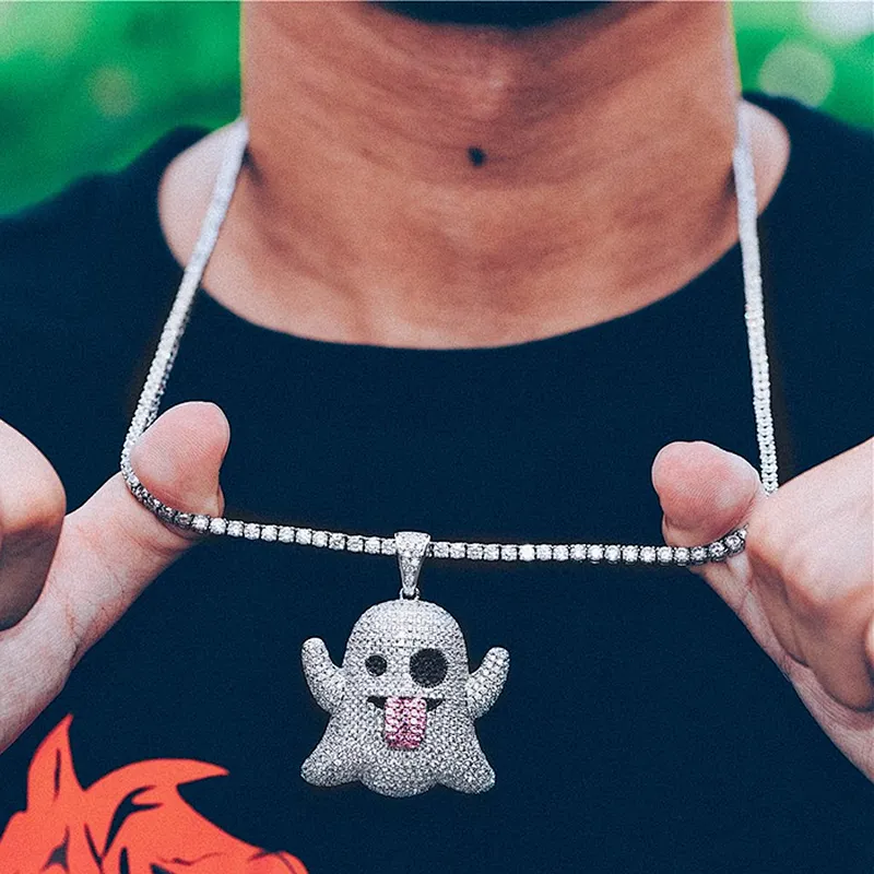 White Gold Iced Out Ghost Emoji Pendant Necklace, Men Hip Hop Jewelry