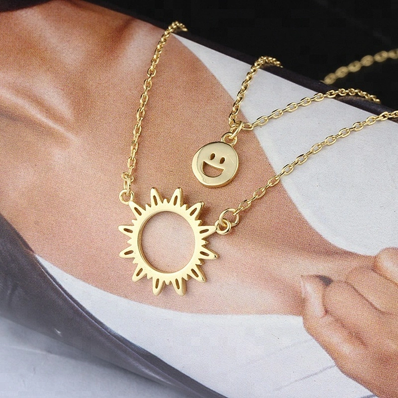 Miss Jewelry Sunshine Fashion Charm Jewelry Gold Necklace Smile Emoji and Sun Pendant