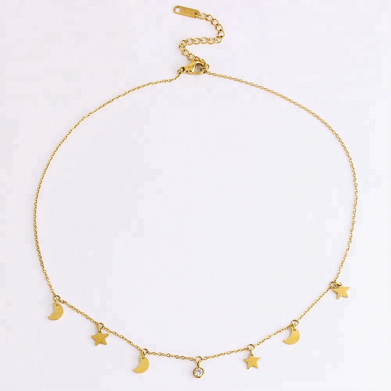 Women's  Necklace Stainless Steel Diamond Gold Plated Moon Star Drop Choker
