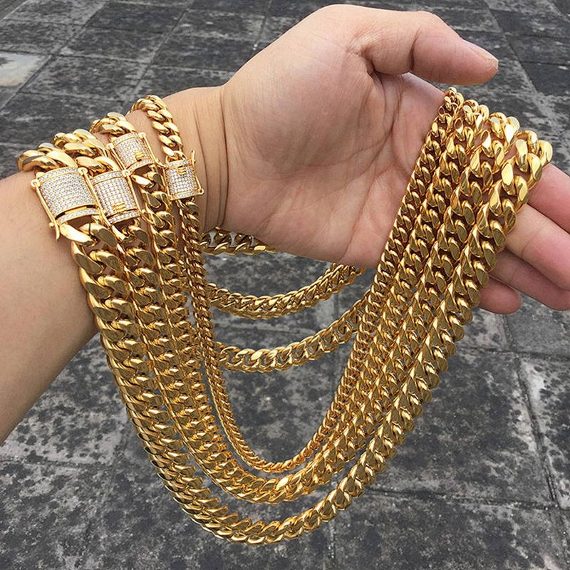 Miss Jewelry Wholesale 12mm Clasp Hip Hop 18k Gold Cuban Link Chain Necklace Men