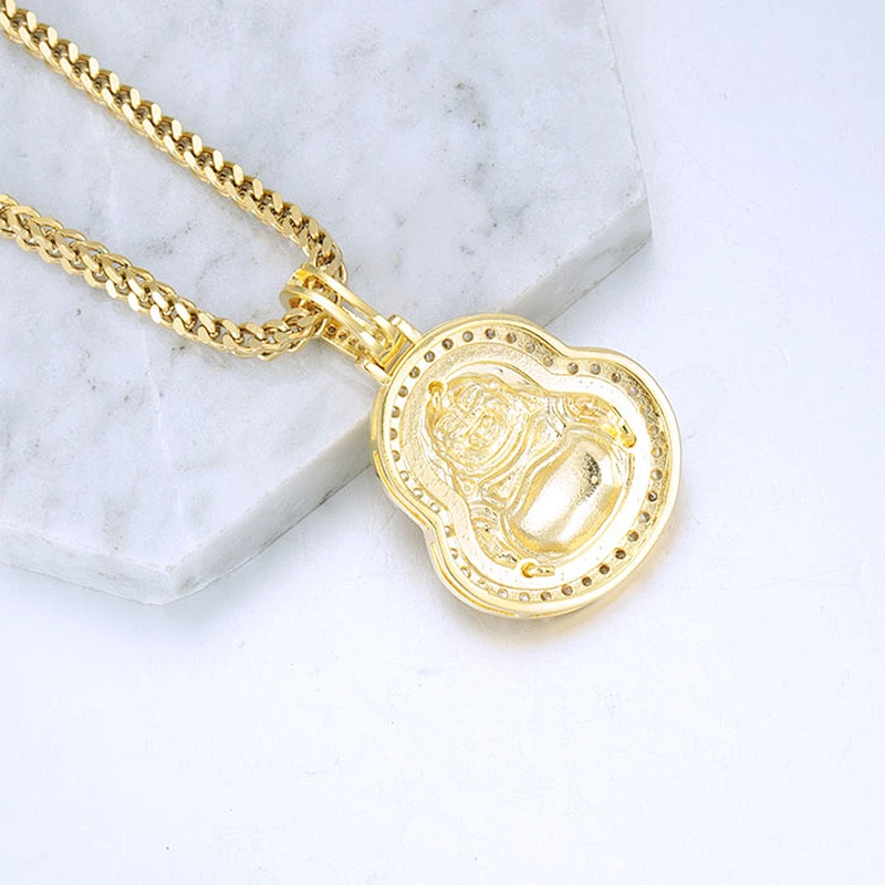 China Manufacturer Green Jadeite Jade Stone Carved Buddha Amulet Necklace Pendant Gold CZ Micro Paved with Chain