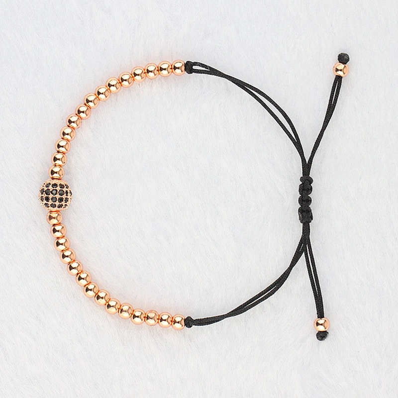 New Style 18K Gold 4mm Round Beads & 8mm Micro Pave Black CZ Beads Braiding Men Macrame Bracelet