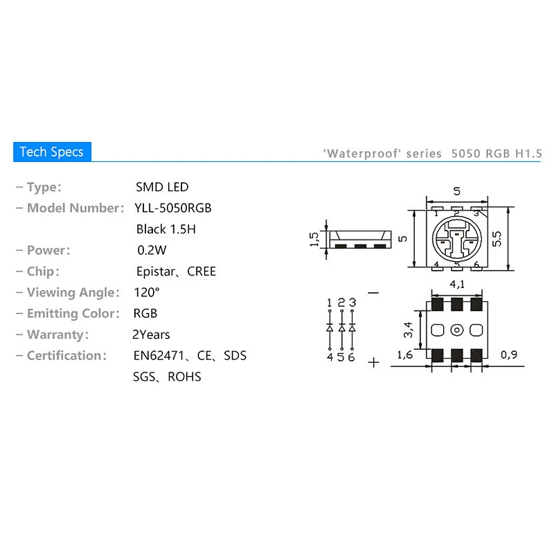 Waterproof 0.2W PLCC-6 1.5H LED 5050 rgb smd
