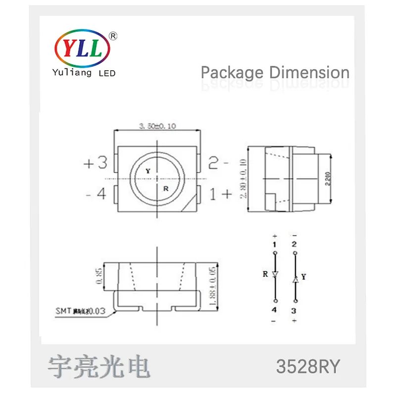 LED light source 0.2w 4pin epistar chip 3528 bi-color smd led