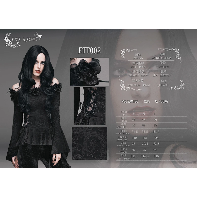 Goth rose one-word T-shirt with flared shoulder and long sleeves