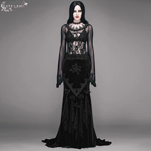 Whole piece net material waist big rose net big trumpet sleeve T-shirt