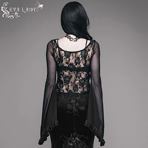 Whole piece net material waist big rose net big trumpet sleeve T-shirt