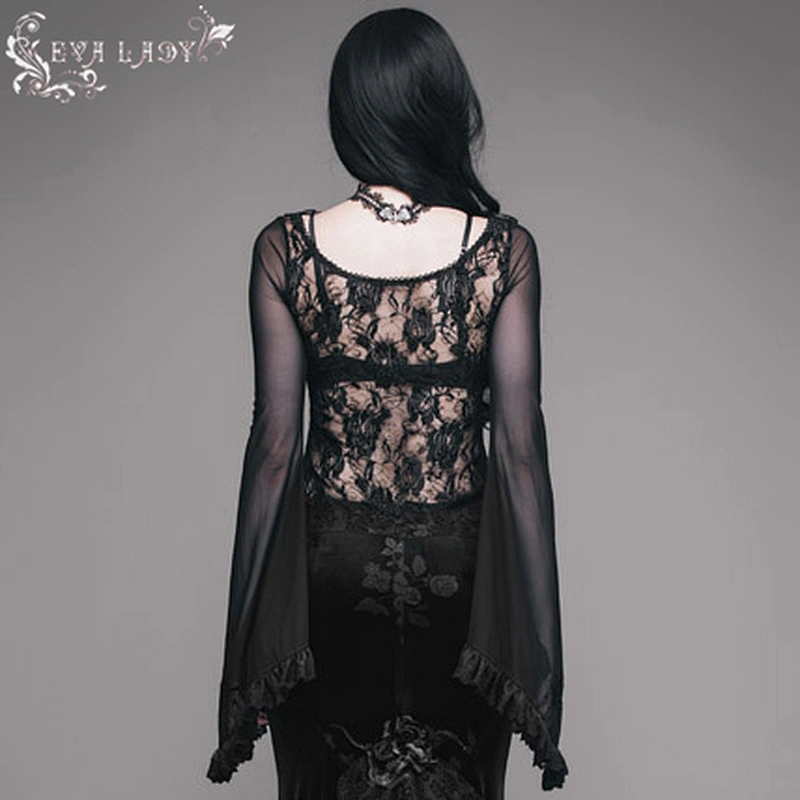 Whole piece net material waist big rose net big trumpet sleeve T-shirt