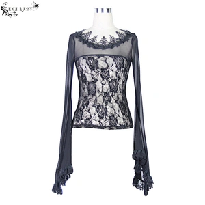 Whole piece net material waist big rose net big trumpet sleeve T-shirt