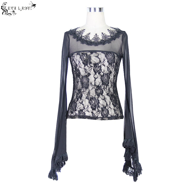 Whole piece net material waist big rose net big trumpet sleeve T-shirt