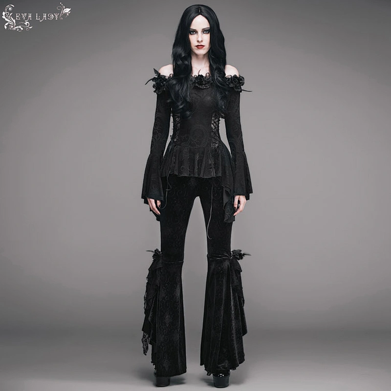 Goth rose one-word T-shirt with flared shoulder and long sleeves
