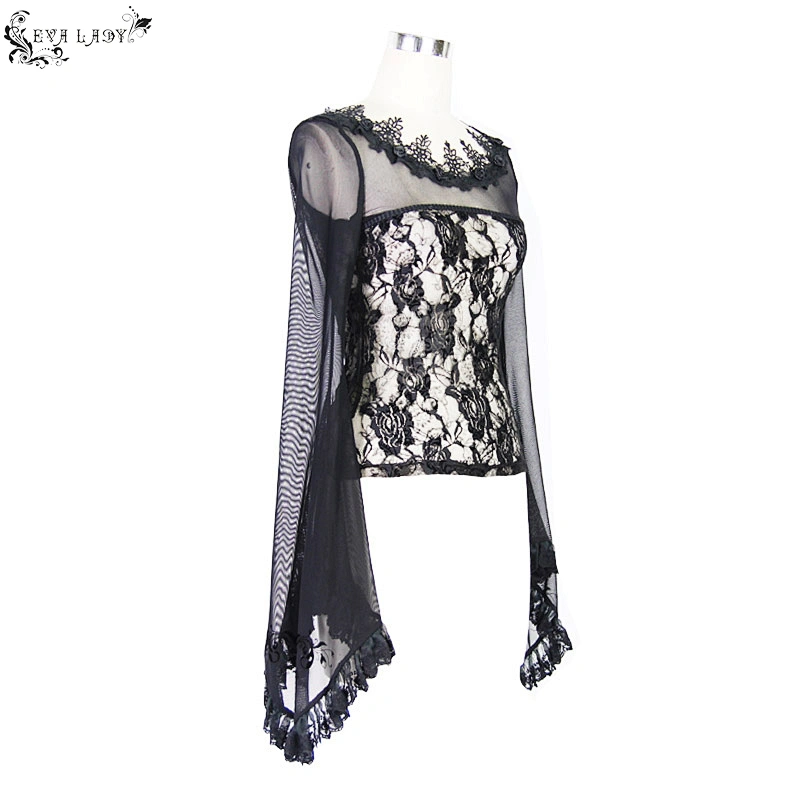 Whole piece net material waist big rose net big trumpet sleeve T-shirt