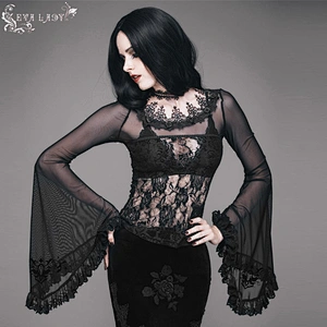 Whole piece net material waist big rose net big trumpet sleeve T-shirt