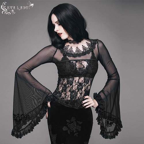 Whole piece net material waist big rose net big trumpet sleeve T-shirt