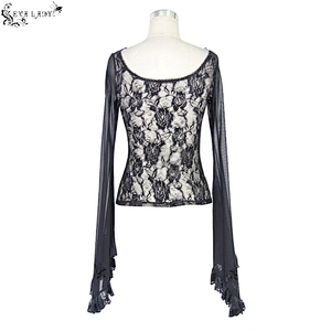 Whole piece net material waist big rose net big trumpet sleeve T-shirt