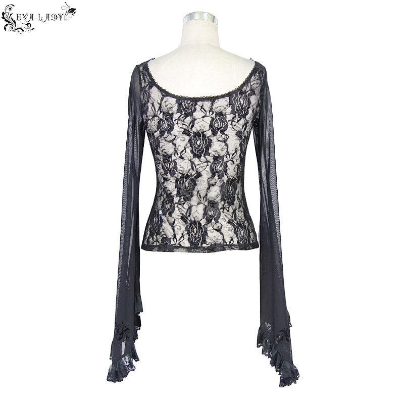 Whole piece net material waist big rose net big trumpet sleeve T-shirt