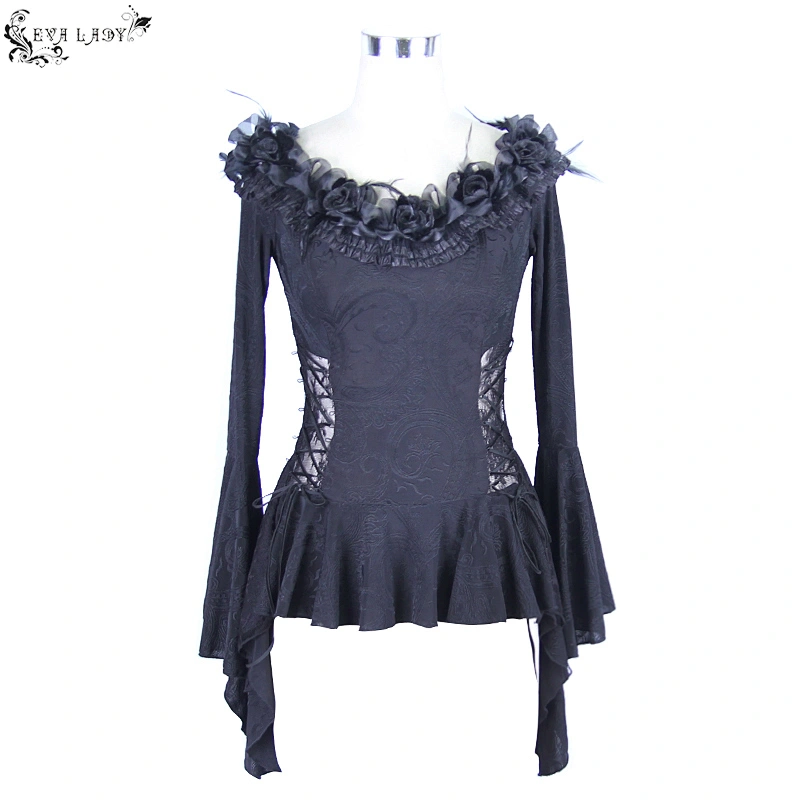 Goth rose one-word T-shirt with flared shoulder and long sleeves