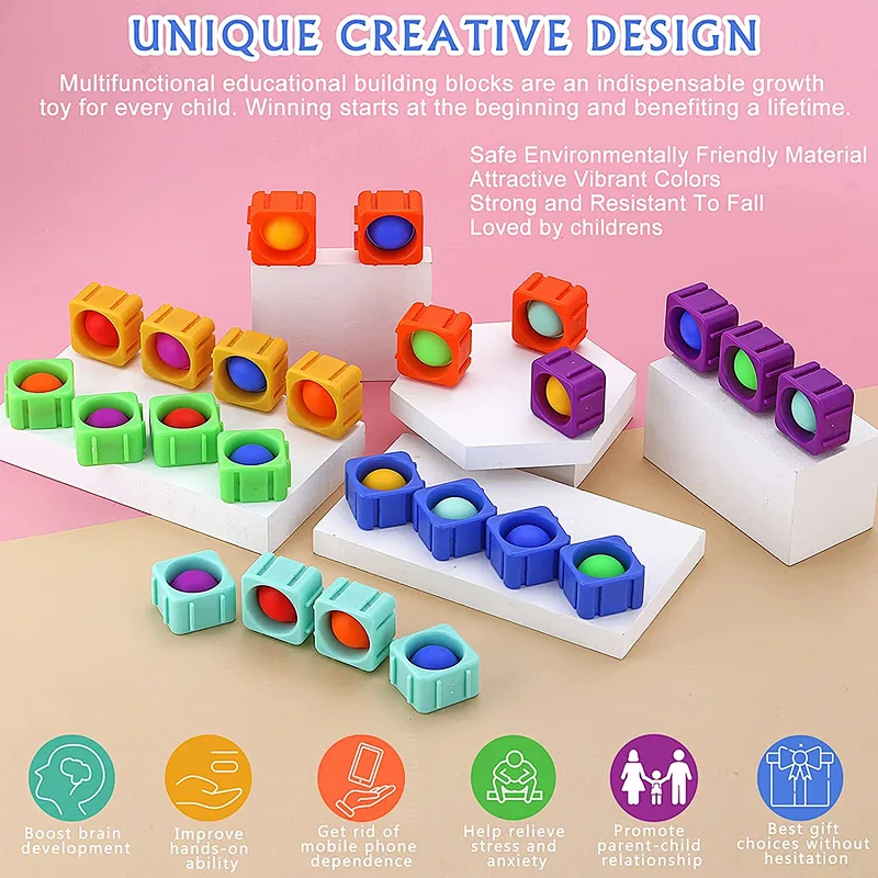 Edunicysh Fidgets Toys Girl Boy Creative DIY Sensory Block Toy Set 24Pcs Dimple Fidget Packs Kids Adults Anxiety Stress Relief Sensory Toys Autistic Children ADHD Toddler Educational Building Block Toy