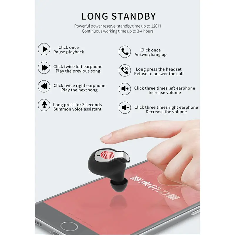 TWS high quality Bluetooth 5.0 Earbuds in ear mini size  Auto pairing detecting and connecting longtime playing and standby