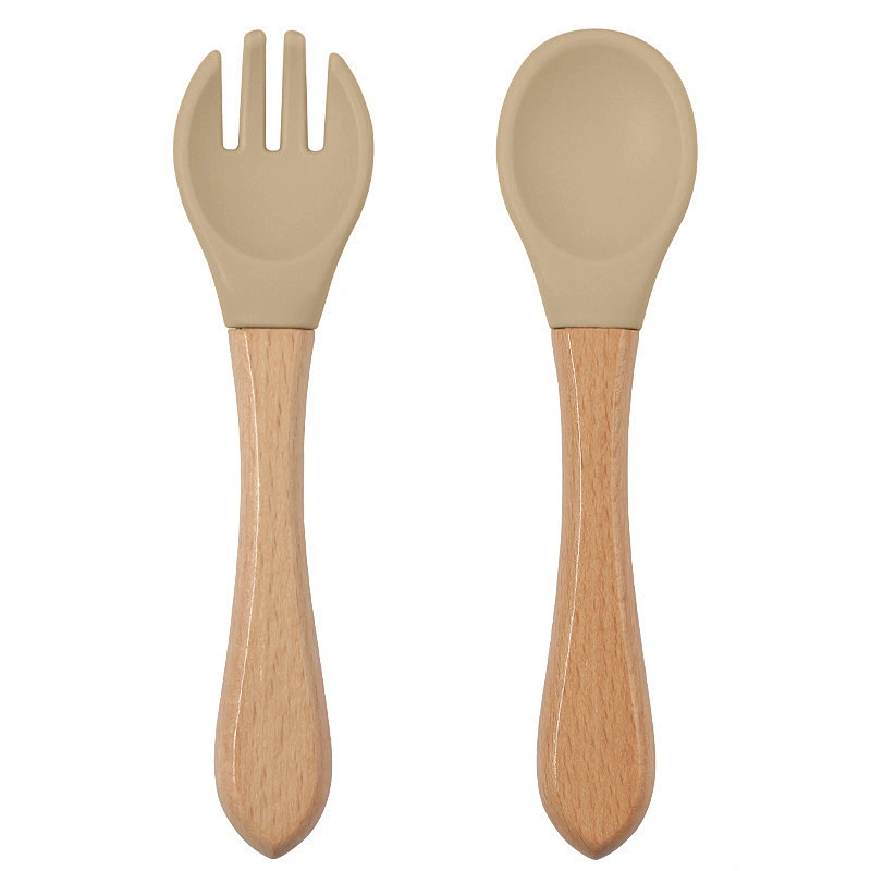 Custom Silicone Food Feeding Tools Wooden Spoon Silicone Wooden Children Spoon Fork Set