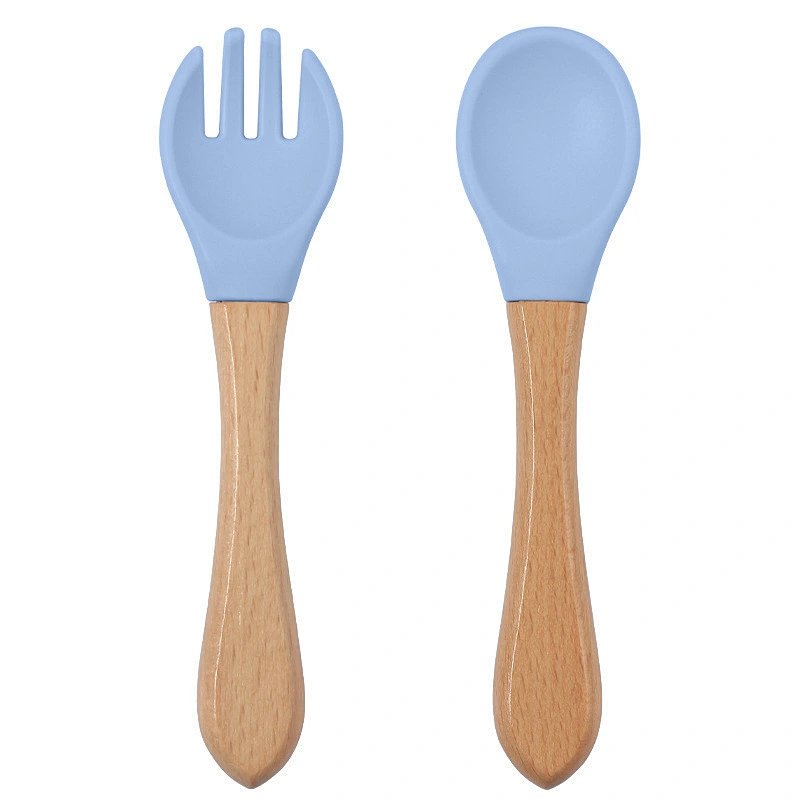 Custom Silicone Food Feeding Tools Wooden Spoon Silicone Wooden Children Spoon Fork Set