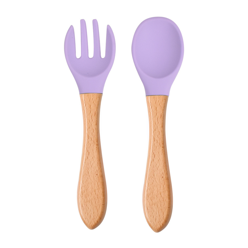 Custom Silicone Food Feeding Tools Wooden Spoon Silicone Wooden Children Spoon Fork Set