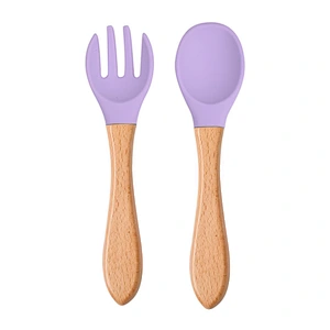 Custom Silicone Food Feeding Tools Wooden Spoon Silicone Wooden Children Spoon Fork Set