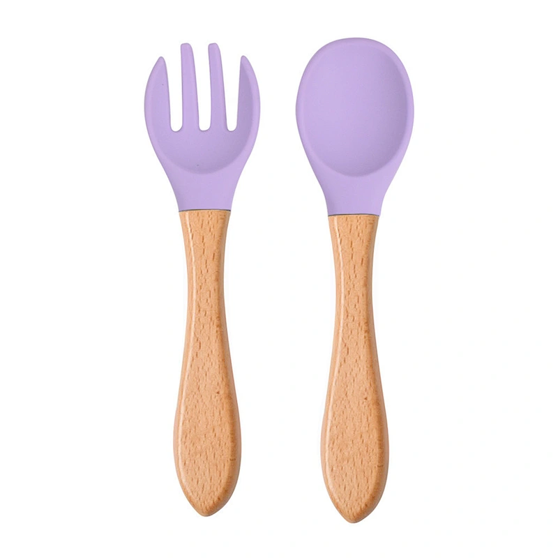 Custom Silicone Food Feeding Tools Wooden Spoon Silicone Wooden Children Spoon Fork Set