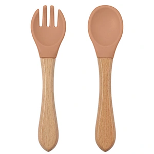 Custom Silicone Food Feeding Tools Wooden Spoon Silicone Wooden Children Spoon Fork Set