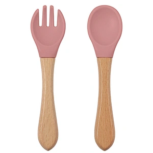 Custom Silicone Food Feeding Tools Wooden Spoon Silicone Wooden Children Spoon Fork Set