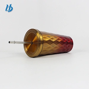 2019 new design hammered coffee mug,double wall straw mug with lid wholesale